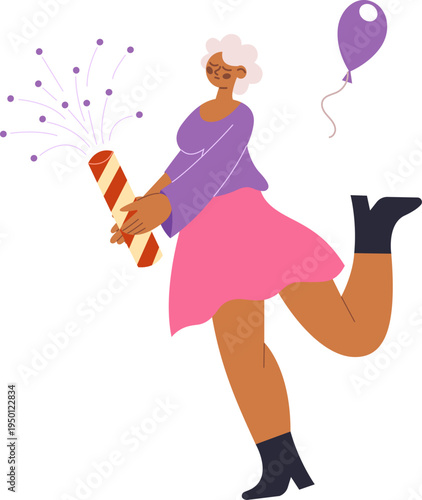 Senior woman holding party popper with grumpy face