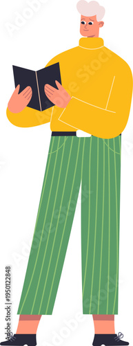 Person standing holding book, educating and learning