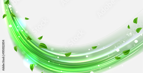 Fresh green leaves swirling in dynamic air flow with mint energy trails, abstract wind patterns. Realistic vector background with natural spring dynamic motion, clean botanical design
