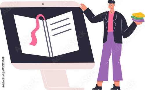 Person learning online, reading digital book on monitor