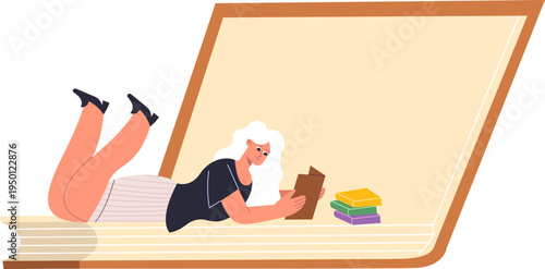 Woman reading book lying on giant open volume