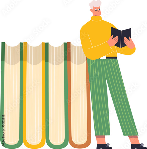 Person reading book next to library studying learning