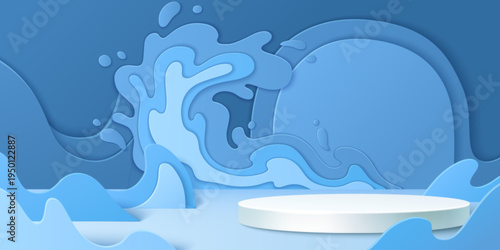 3d round podium stage with blue papercut waves frame, abstract vector background. Summer product display, geometric platform with sea water splashes, origami scene for presentation