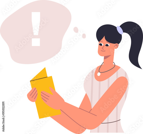 Woman reading brochure having a new idea or realization