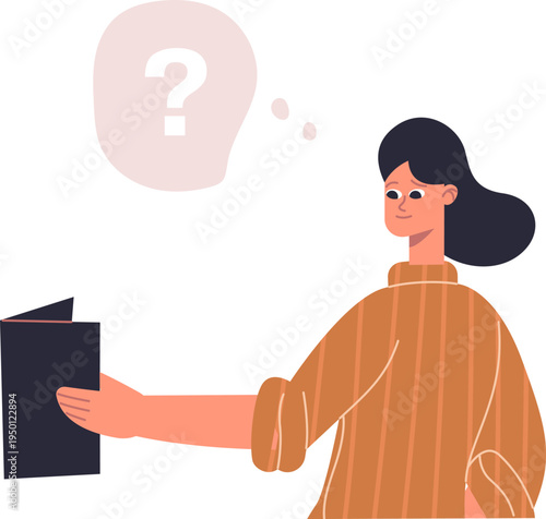 Woman reading book having question mark thought