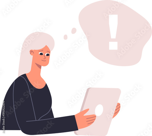Woman getting idea using tablet having problem warning