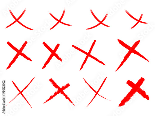 Hand drawn brush stroke red cross mark and X mark set. Paintbrush cross, ban, refusal, answer. Strikethrough text and important objects. Stock vector illustration isolated on white background.