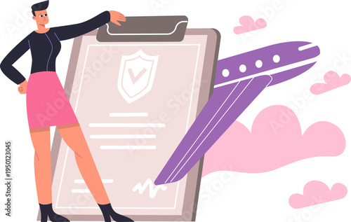 Person signing travel insurance policy document with airplane