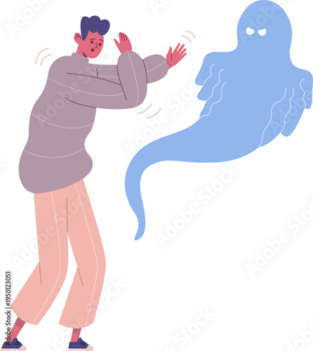 Person recoiling in fear from a scary ghost