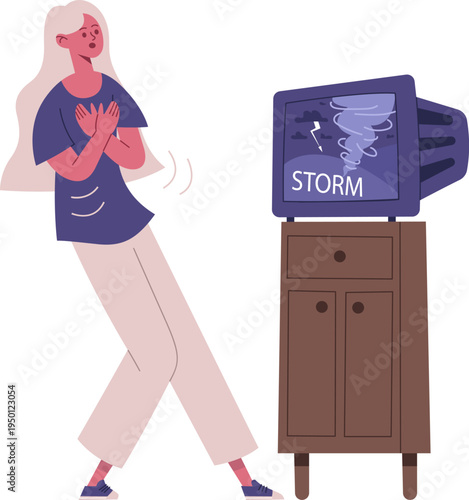 Woman feeling fear watching a storm news report