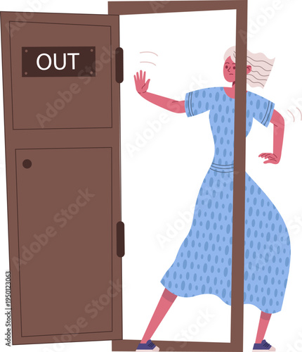 Woman resisting exit pushing door with OUT sign