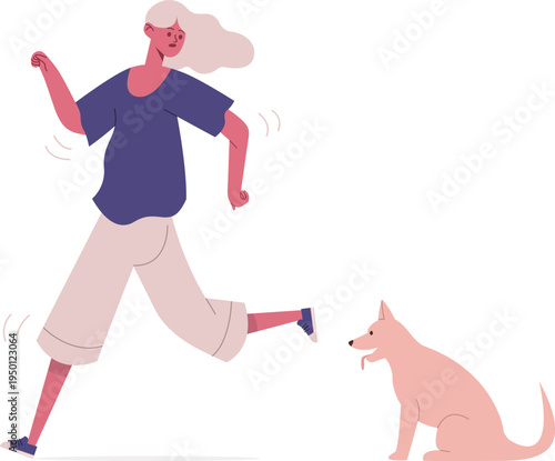 Woman running away from dog with surprised expression