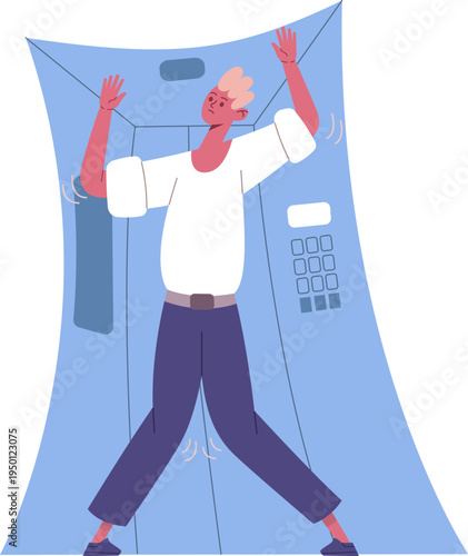 Man feeling trapped and claustrophobic inside elevator