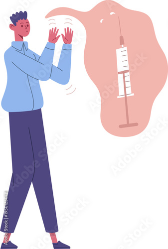 Young man showing fear of injection and syringe