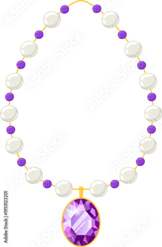 Pearl necklace with purple oval gemstone pendant