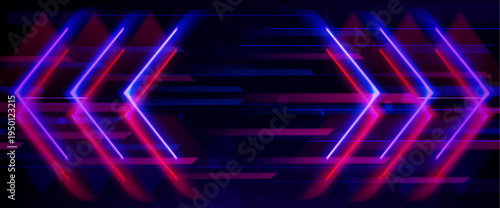 Neon arrow with glowing light trails on dark background, 3d abstract vector bg. Dynamic digital speed effect in red and purple colors. Futuristic technology arrow concept for web design