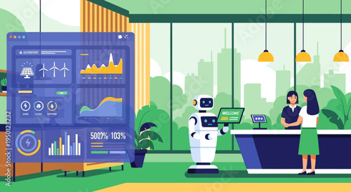 A futuristic office environment showcases advanced technology with a robot assisting customers at a reception desk, while a holographic display presents complex data analytics.