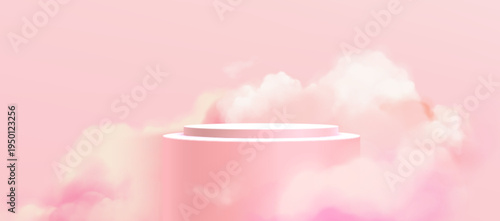 Dreamy pink cloud podium, realistic vector pastel background. 3D platform stage for beauty product display with soft mist or smoke, paradise elegant studio for presentation, cosmetic showcase.