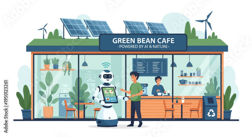 A modern, eco-friendly cafe powered by AI and nature, featuring solar panels, wind turbines, and a robot barista serving customers.