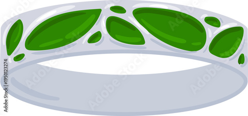 Silver ring displaying abstract green gem elements
