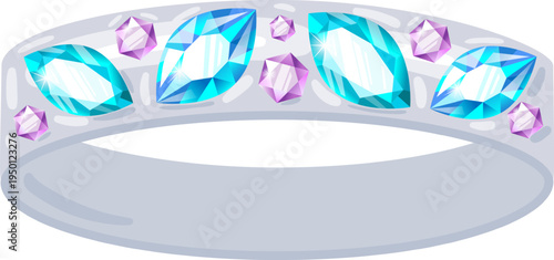 Silver ring sparkling with marquise and purple gemstones