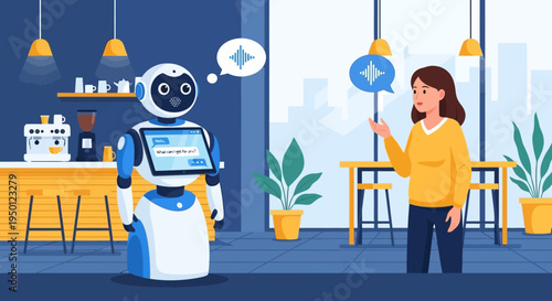 A friendly robot interacts with a woman in a modern cafe, showcasing advanced technology and customer service.