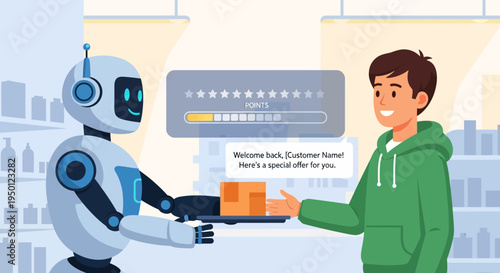 A friendly robot delivers a package to a smiling customer in a modern retail store, offering a special promotion.