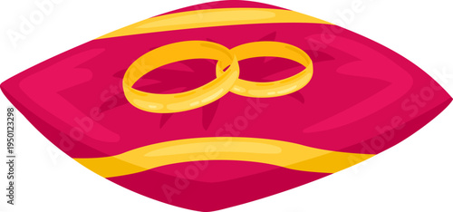 Gold wedding rings resting on red bridal pillow