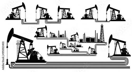 Silhouette of Oil Pumps and Pipelines - A Black and White Industrial Landscape.