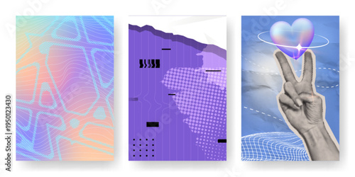 Abstract gradien pattern cards set. Vector realistic illustration of vibrant color backgrounds with geometric wireframe shapes, halftone effect, crumpled paper texture and gesturing hand