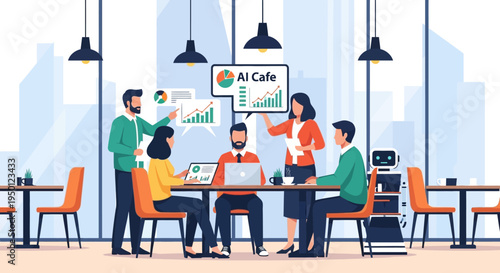 Diverse team collaborating in a modern AI Cafe, discussing business growth charts and data analysis on laptops and screens.