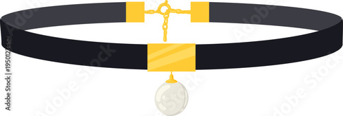 Black choker necklace featuring gold clasp holding pearl