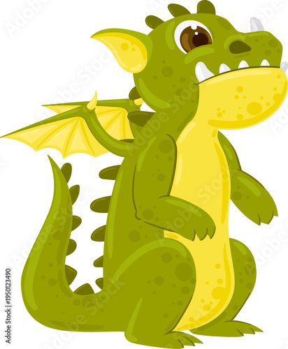 Cute green cartoon dragon character smiling standing