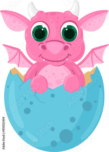 Pink baby dragon hatching from cracked eggshell