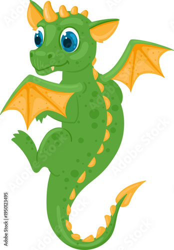 Green cartoon mythical dragon standing on one leg