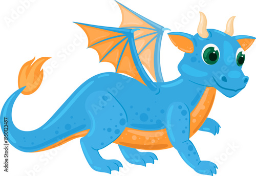 Blue cartoon dragon standing with orange wings and horns