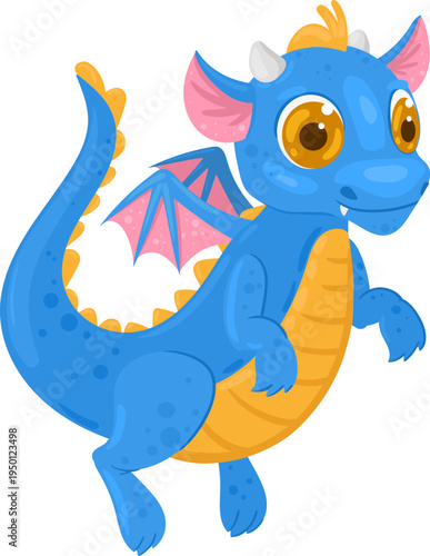 Cute blue baby dragon flying cartoon concept
