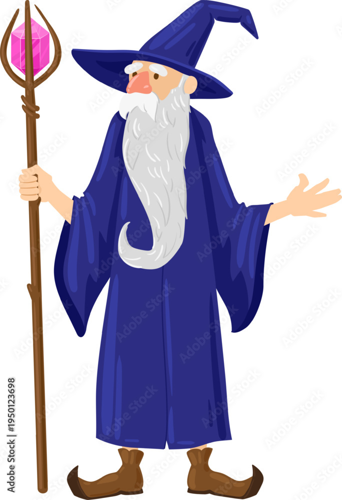 Fototapeta premium Wizard character holding magical staff and gesturing