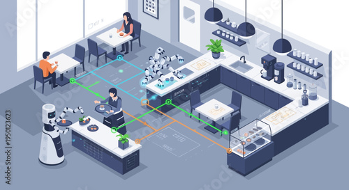 Robots and humans collaborate in a modern restaurant, showcasing advanced automation and efficient service delivery.