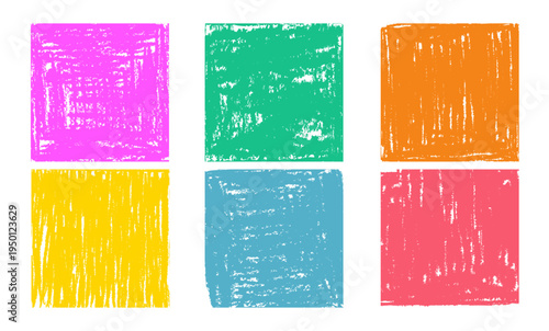 Colorful crayon texture frames with scribbles and doodles, realistic vector backgrounds. Hand drawn childish borders, vibrant pencil strokes for creative designs, color square blocks