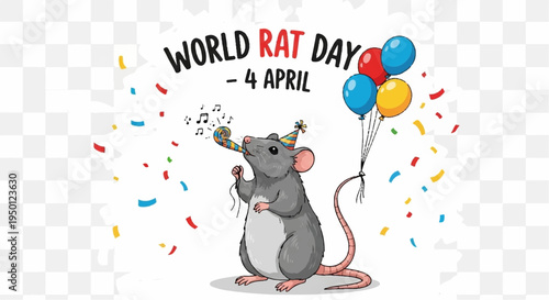 World rat day celebration with a happy mouse blowing confetti and holding balloons on april 4th