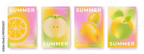 Summer gradient backgrounds with abstract blurred fruit shapes, set of vector cards. Fresh colorful defocused illustration with lemon and apple slices elements. Modern minimal banner design