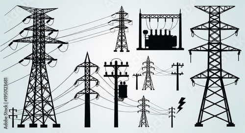 Silhouetted Power Transmission Towers and Electrical Infrastructure.