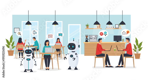 Robots and people collaborating in a modern co-working space, with laptops, coffee, and plants.