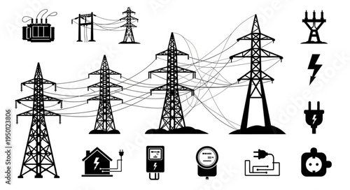 Electricity Transmission and Distribution Icons - Power Grid Infrastructure.