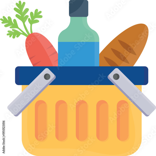 A basket brimming with assorted vegetables and a bottle of wine resting beside it.