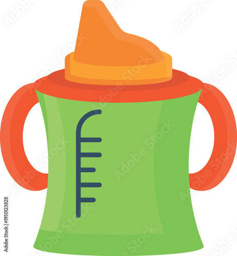 A baby bottle featuring a green handle and an orange lid, designed for easy grip and feeding.