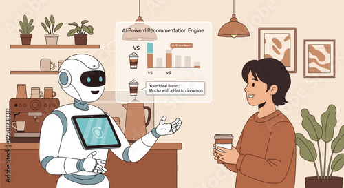 A friendly robot barista uses a recommendation engine to help a customer choose a coffee drink in a modern cafe.
