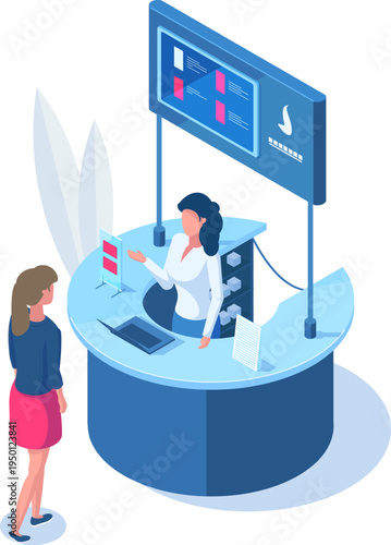 Woman providing information to customer at service desk