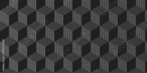 Black cube seamless creative cubic decoration triangle wall and wallpaper textile vector square tile, mosaic endless repeat hexagon metal texture background.